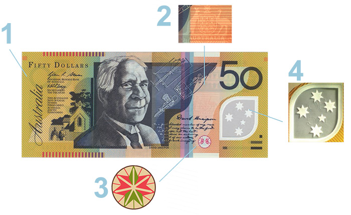 $50 banknote showing enlarged coat of arms, clear window and star.