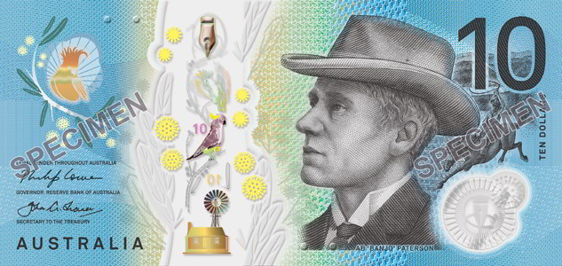 The signature side of the new $10 banknote featuring a portrait of Banjo Paterson.