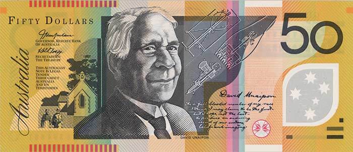 The front of the $50 banknote featuring David Unaipon.