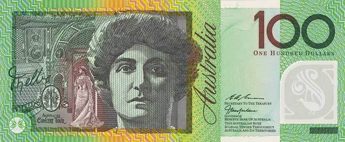 The front of the $100 banknote featuring Dame Nellie Melba.