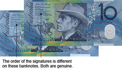 Different order of signatures on banknotes.
