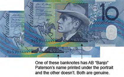 Two banknotes, one shows AB 'Banjo' Paterson's name, the other doesn't.
