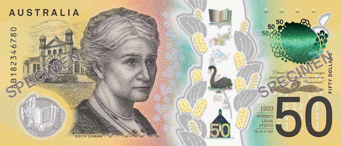 The back of the new $50 banknote featuring Edith Cowan.