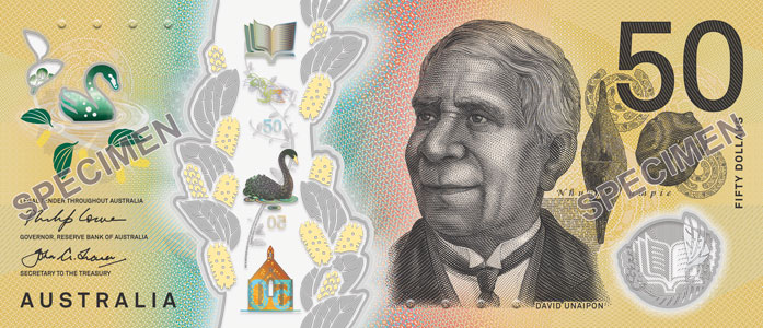 The front of the new $50 banknote featuring David Unaipon.