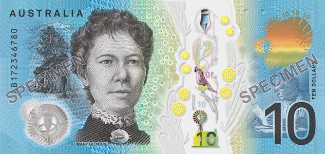 The serial number side of the new $10 banknote featuring a portrait of Dame Mary Gilmore.